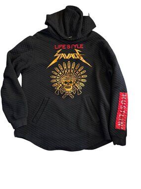 Camp Lifestyle Savage Black Quilted Hoodie With Gold Skull Feather Graphic & Red